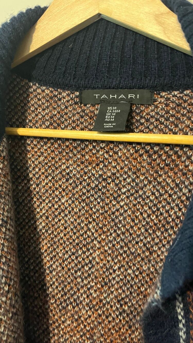 Tahari Plaid Open Front Cardigan Sweater Coat Medium Navy Blue Brown Wool Blend - Picture 7 of 9